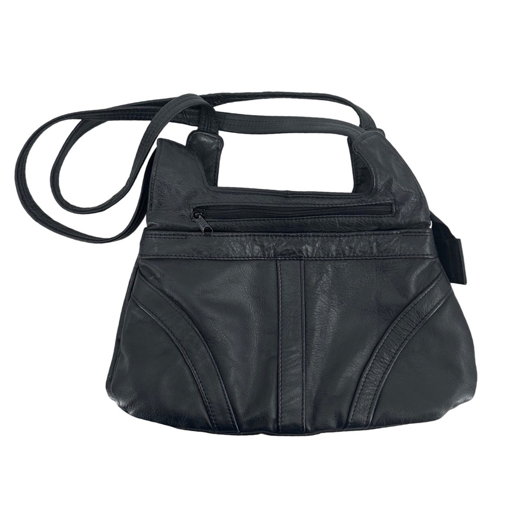 Vintage Black Genuine Leather Multi boho Compartment Shoulder Bag Made in Mexico